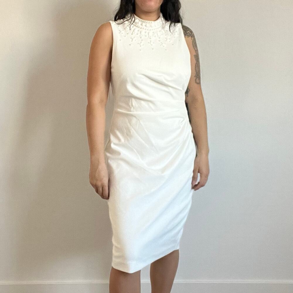New Adrianna Papell Sleeveless white mock neck dress knee length jewel ivory‎